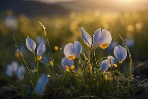 blauw bloemen in de gras Bij zonsondergang foto