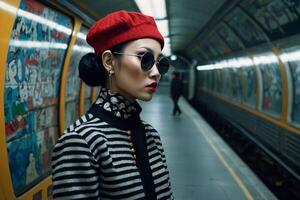 een vrouw vervelend zonnebril en een plaid jas staand in voorkant van een metro trein foto