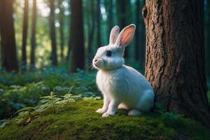 een wit konijn is zittend in de gras in de buurt een boom foto