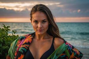 een vrouw in een een stuk zwempak staat Aan de strand Bij zonsondergang foto