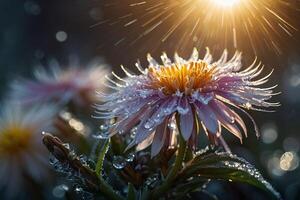 een bloem met dauw druppels Aan het in de zon foto