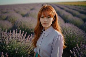 roodharig meisje wandelingen door een lavendel veld- foto