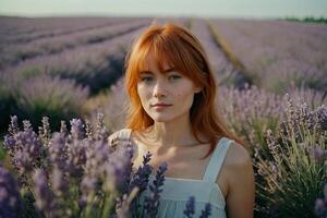 roodharig meisje wandelingen door een lavendel veld- foto