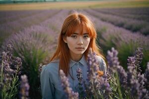 roodharig meisje wandelingen door een lavendel veld- foto