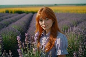 roodharig meisje wandelingen door een lavendel veld- foto