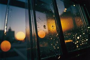 een visie van de stad door een venster met regen druppels Aan het foto