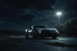 een zwart sport- auto het rijden Aan een donker weg Bij nacht foto