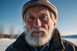 een oud Mens met een baard en hoed staand in de sneeuw foto