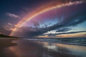 een kleurrijk stormachtig lucht over- de oceaan en zand foto