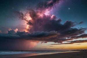 een kleurrijk stormachtig lucht over- de oceaan en zand foto