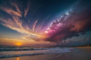 een kleurrijk stormachtig lucht over- de oceaan en zand foto