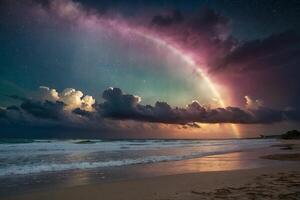 een regenboog over- de oceaan Bij nacht foto