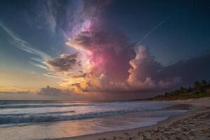 een regenboog en wolken zijn gezien over- de oceaan foto