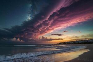 een regenboog en wolken zijn gezien over- de oceaan foto
