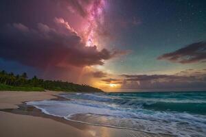 een regenboog is gezien over- de oceaan Bij nacht foto