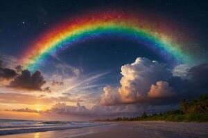 een regenboog is gezien over- de oceaan Bij nacht foto