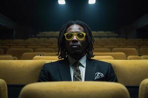 een Mens met dreadlocks en geel bril zittend in een theater foto