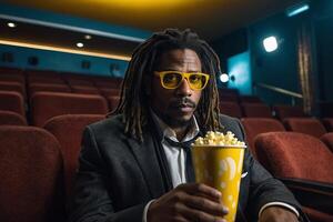 een Mens met dreadlocks en bril zittend in een theater foto