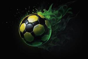 ai gegenereerd een voetbal bal met groen rook en een zwart achtergrond foto