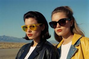 ai gegenereerd twee Dames vervelend zonnebril en zwart jassen foto