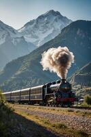 ai gegenereerd een stoom- trein op reis door de bergen foto