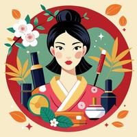 ai gegenereerd Japans vrouw met schoonheidsmiddelen en bloemen foto