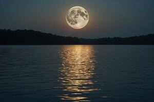 ai gegenereerd een vol maan is gezien over- een meer Bij nacht foto