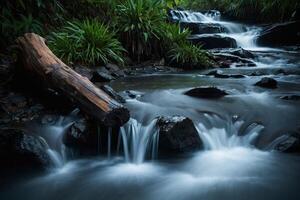 ai gegenereerd een waterval vloeiende door een Woud met een log foto