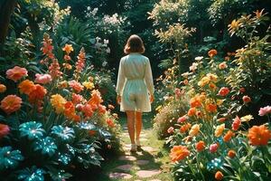 ai gegenereerd een vrouw wandelen door een tuin met bloemen foto