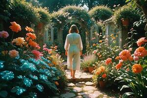 ai gegenereerd een vrouw wandelen door een tuin met bloemen foto