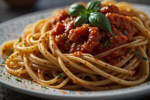 spaghetti met tomaat saus en basilicum foto