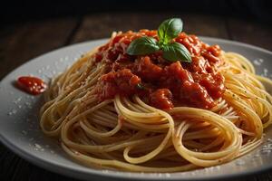 spaghetti met tomaat saus en basilicum foto
