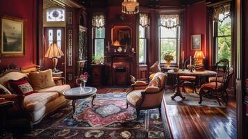 luxueus en geavanceerde interieur van antiek leven kamer met overladen meubels foto