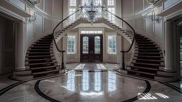 grandioos herenhuis foyer met vegen dubbel trap, kroonluchter, en overladen ontwerp elementen foto