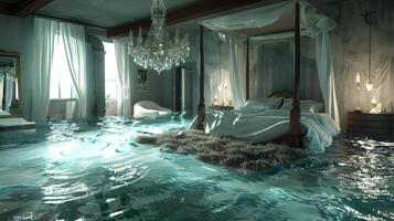overstroomd luxueus slaapkamer met luifel bed en kroonluchter in surrealistisch, droomachtig interieur ontwerp foto