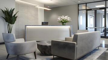 elegant en functioneel kantoor lobby met elegant meubilair en decor foto