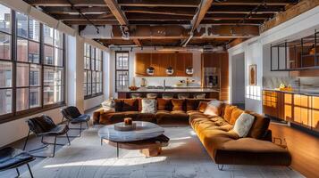 knus en elegant loft-stijl leven kamer met warm houten accenten en industrieel charme foto