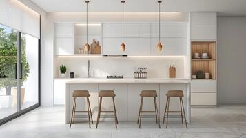 elegant en minimalistische keuken met houten accenten en hanger verlichting in modern huis interieur foto