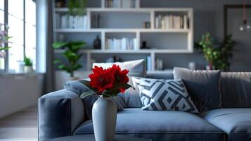 knus en uitnodigend leven kamer met rood bloemen arrangement Aan grijs sofa foto