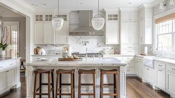 elegant en ruim hedendaags keuken ontwerp met marmeren werkbladen, wit kasten, hanger verlichting, en een Open verdieping plan voor een luxueus en foto