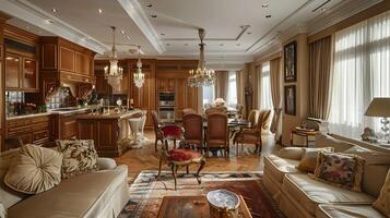 elegant en verfijnd luxe huis interieur met overladen meubels en geavanceerde decor foto