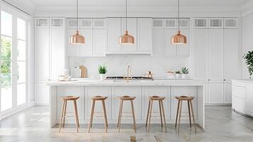 helder en luchtig modern gemeubileerd keuken in elegant appartement interieur foto