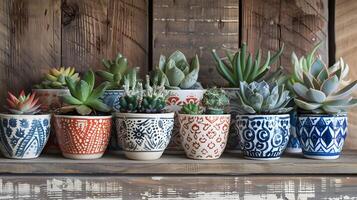 kleurrijk en getextureerde sappig planten in decoratief keramisch potten weergegeven Aan een rustiek houten plank foto