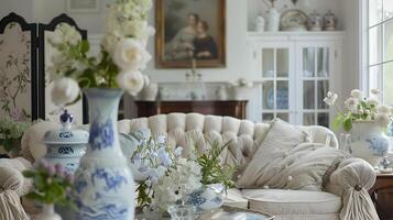 knus en elegant leven kamer met wijnoogst charme en bloemen accenten foto