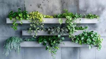 weelderig en bloeiend verticaal tuin muur met verschillend botanisch gebladerte voor modern en milieuvriendelijk interieur of buitenkant ontwerp foto