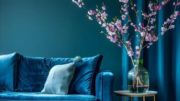 pluche blauw fluweel bankstel met bloemen arrangement in elegant leven kamer interieur foto