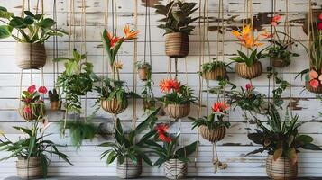 weelderig hangende groen muur wordt weergegeven levendig binnen- botanisch decor presentatie van verschillend kamerplanten en bloemen accenten voor knus en verfrissend huis foto