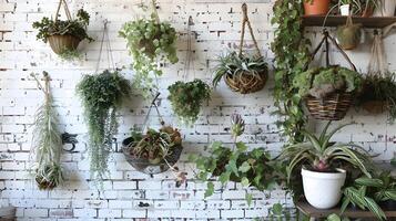 weelderig verticaal tuin muur decor met hangende kamerplanten en groen in rustiek steen en hout interieur foto