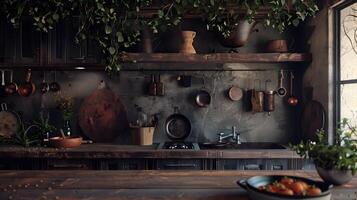 knus rustiek keuken gevulde met Koken gereedschap en vers produceren foto