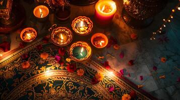 gloeiend kaarsen en overladen in een sereen geestelijk instelling foto